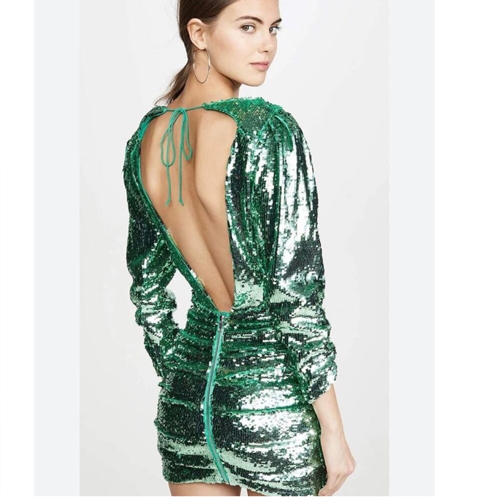 For Love and Lemons Marais Green Sequin Mini Dress with Open Back size S NWT